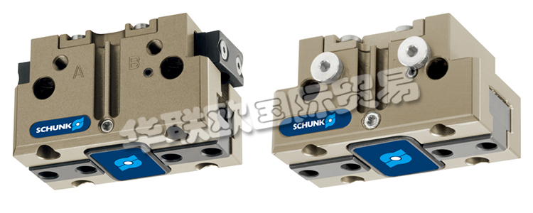 SCHUNK機(jī)械爪手JGP64-1帶雙平動(dòng)機(jī)械手的旋轉(zhuǎn)頭，可在機(jī)器內(nèi)同時(shí)裝載和卸載工件。在壓縮空氣的作用下，橢圓形活塞上下移動(dòng)。楔式結(jié)構(gòu)的有角度活動(dòng)表面使基爪能夠同步平動(dòng)。